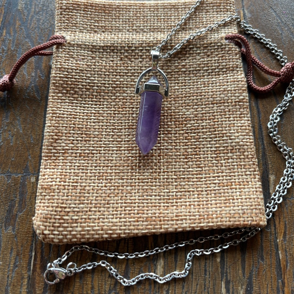 Amethyst Point Necklace with Stainless Steel Chain Genuine Amethyst Necklace